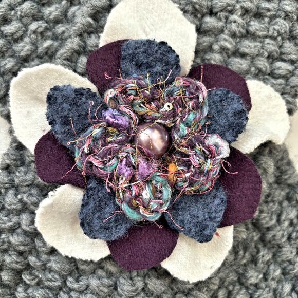 Artesian Embellished Knit Scarf Muffler Handmade Gray Purple Textured Designer - Picture 4 of 6